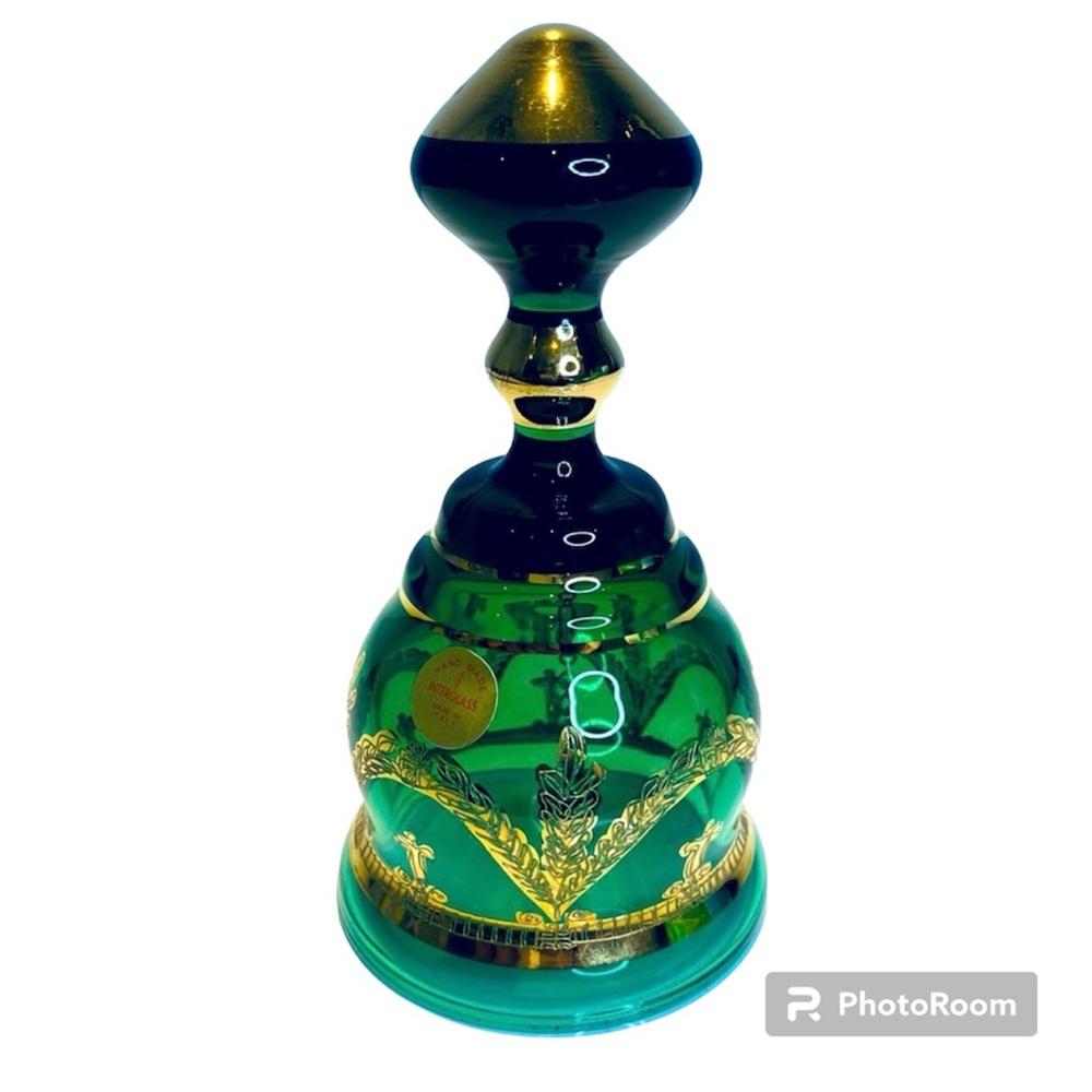 Interglass Hand Blown Bell Gold Made In Italy Green Glass Rare Bell